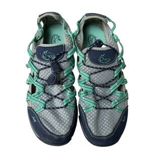 Chaco Womens Trail Shoes 10.5 Gray Teal Mesh Hiking Sneakers Adventure Outdoor‎